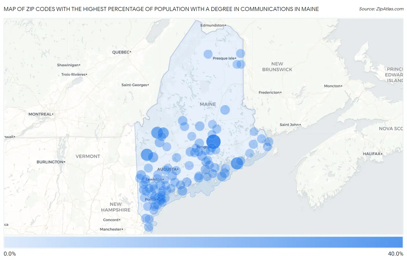 Zip Codes with the Highest Percentage of Population with a Degree in Communications in Maine Map