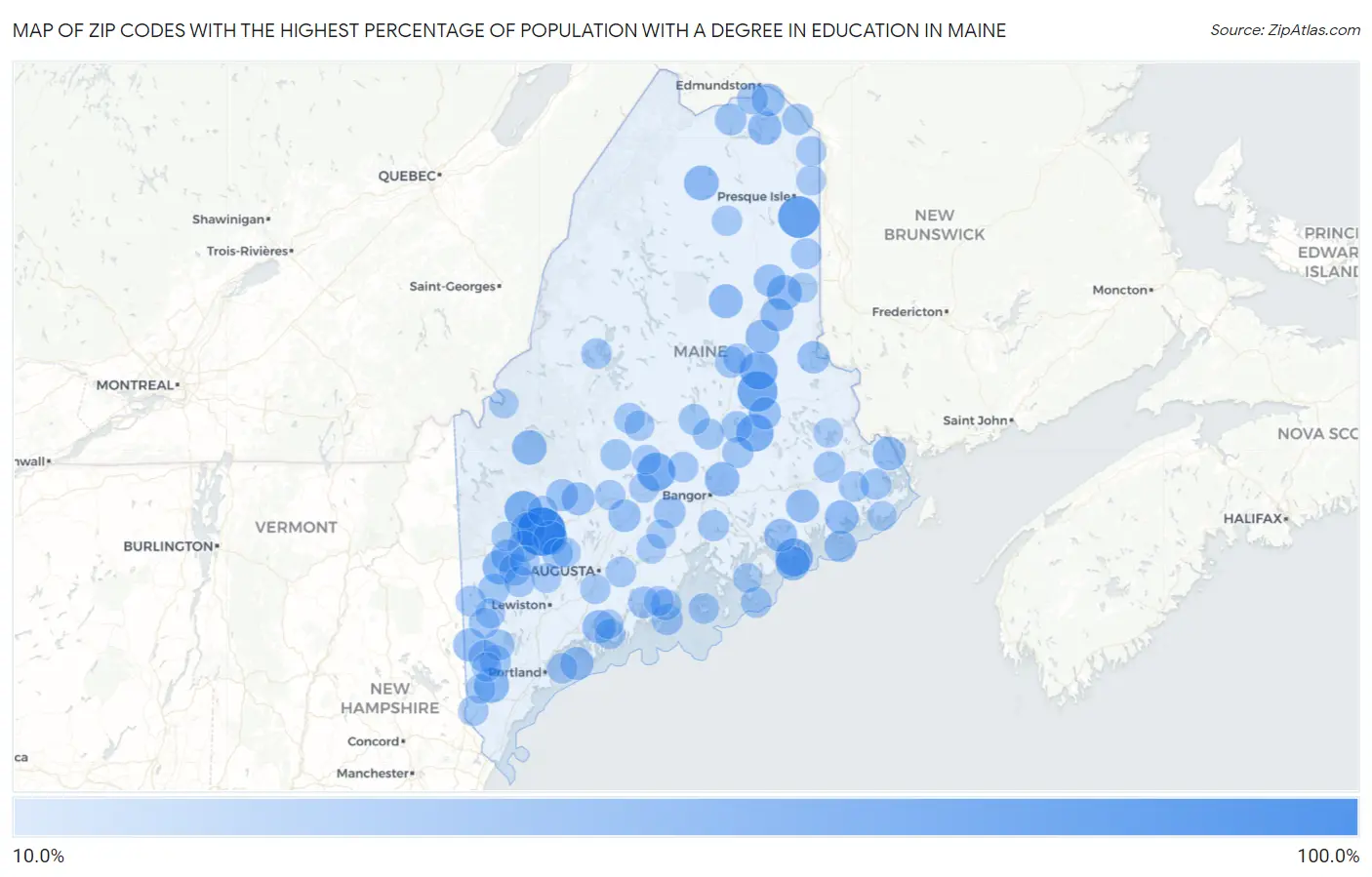 Zip Codes with the Highest Percentage of Population with a Degree in Education in Maine Map