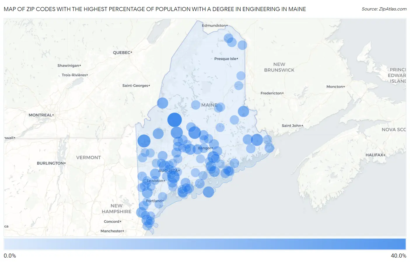 Zip Codes with the Highest Percentage of Population with a Degree in Engineering in Maine Map