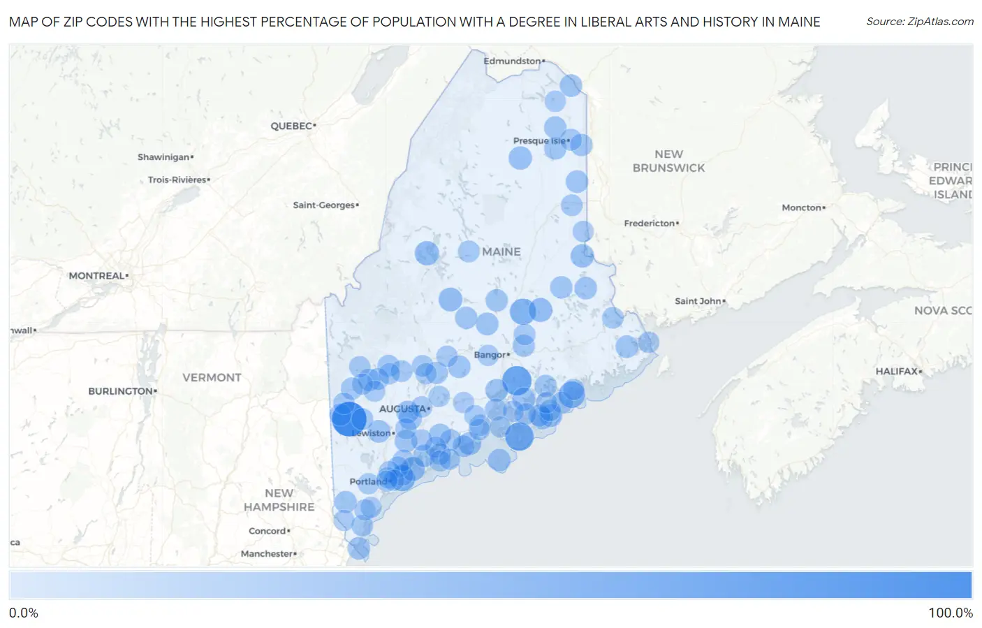 Zip Codes with the Highest Percentage of Population with a Degree in Liberal Arts and History in Maine Map