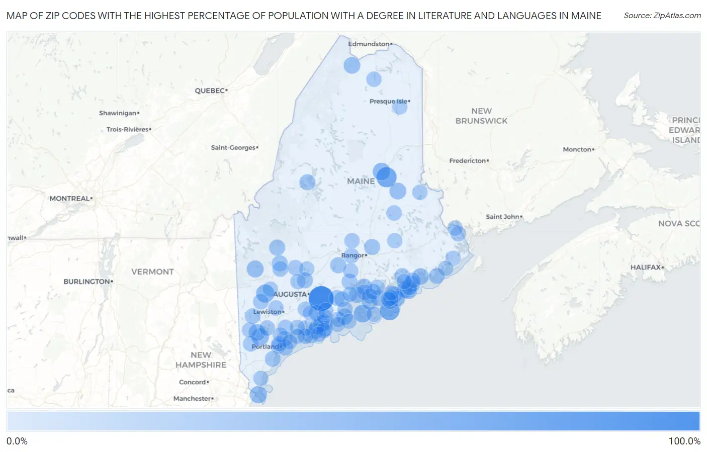 Zip Codes with the Highest Percentage of Population with a Degree in Literature and Languages in Maine Map