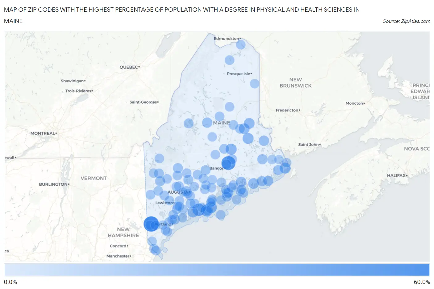 Zip Codes with the Highest Percentage of Population with a Degree in Physical and Health Sciences in Maine Map