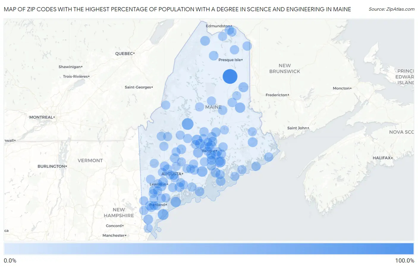 Zip Codes with the Highest Percentage of Population with a Degree in Science and Engineering in Maine Map
