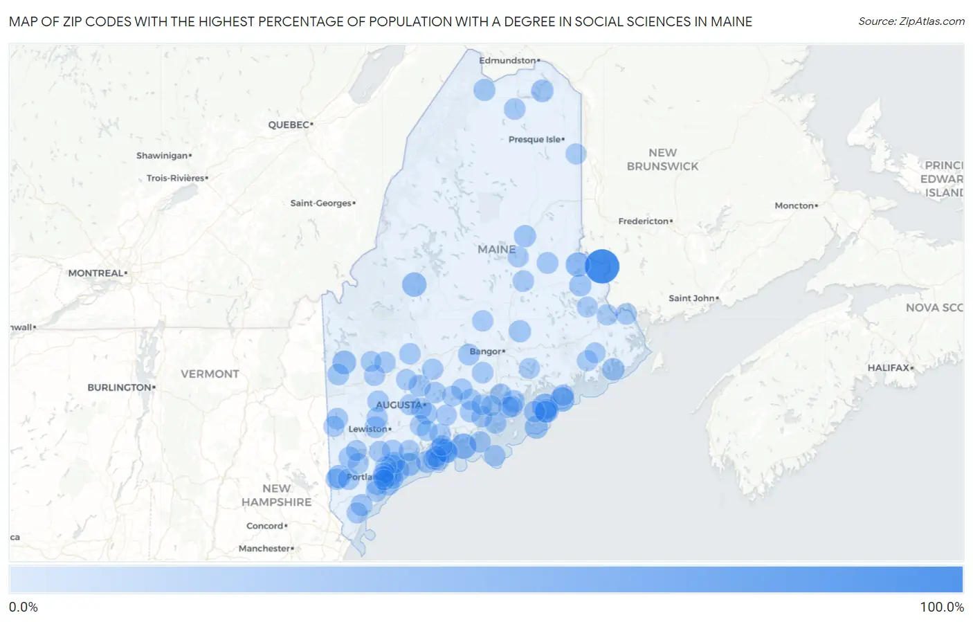 Zip Codes with the Highest Percentage of Population with a Degree in Social Sciences in Maine Map