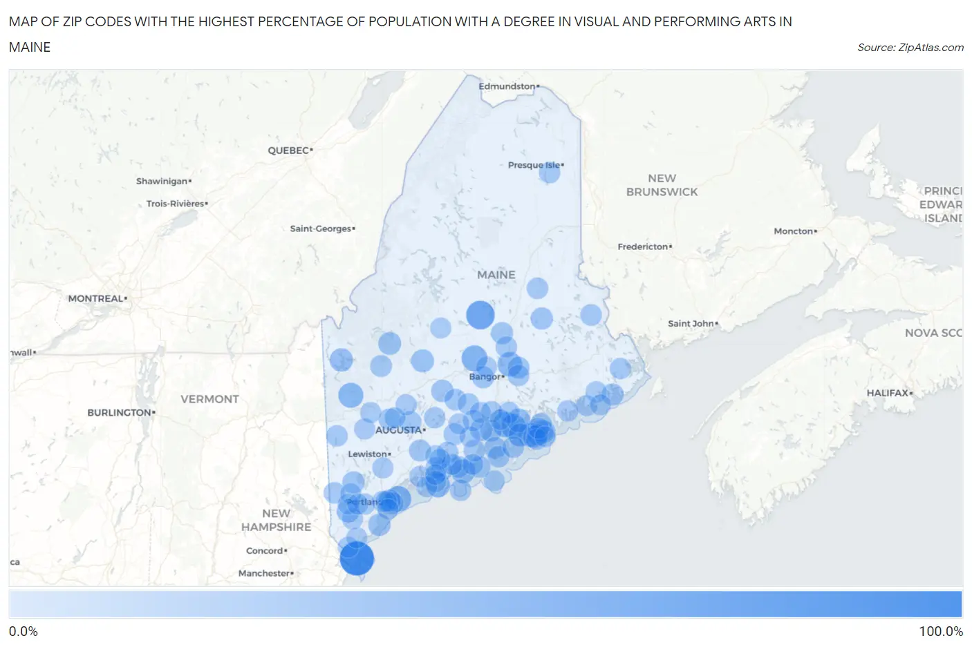Zip Codes with the Highest Percentage of Population with a Degree in Visual and Performing Arts in Maine Map