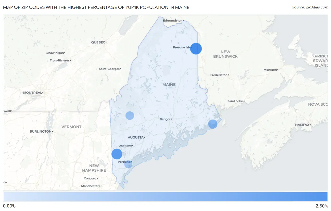 Zip Codes with the Highest Percentage of Yup'ik Population in Maine Map
