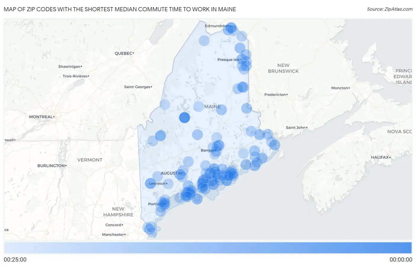 Zip Codes with the Shortest Median Commute Time to Work in Maine Map