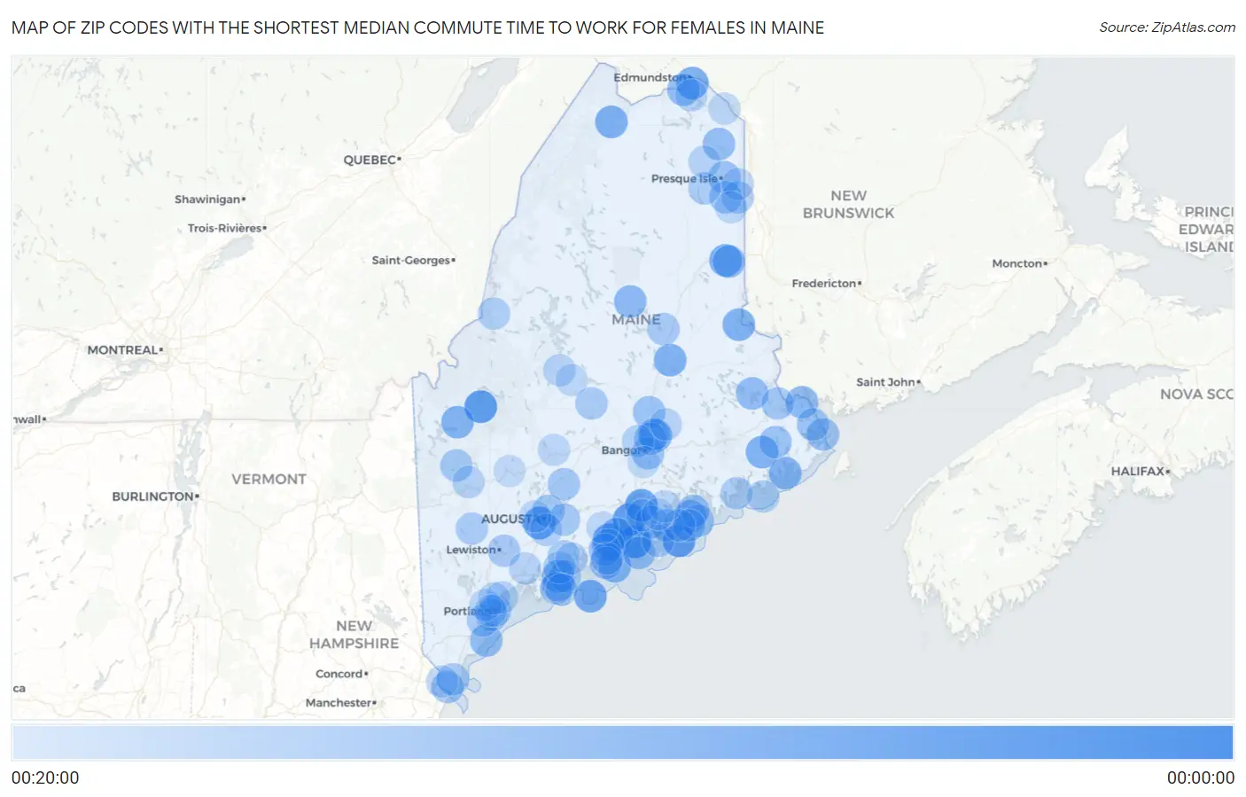 Zip Codes with the Shortest Median Commute Time to Work for Females in Maine Map