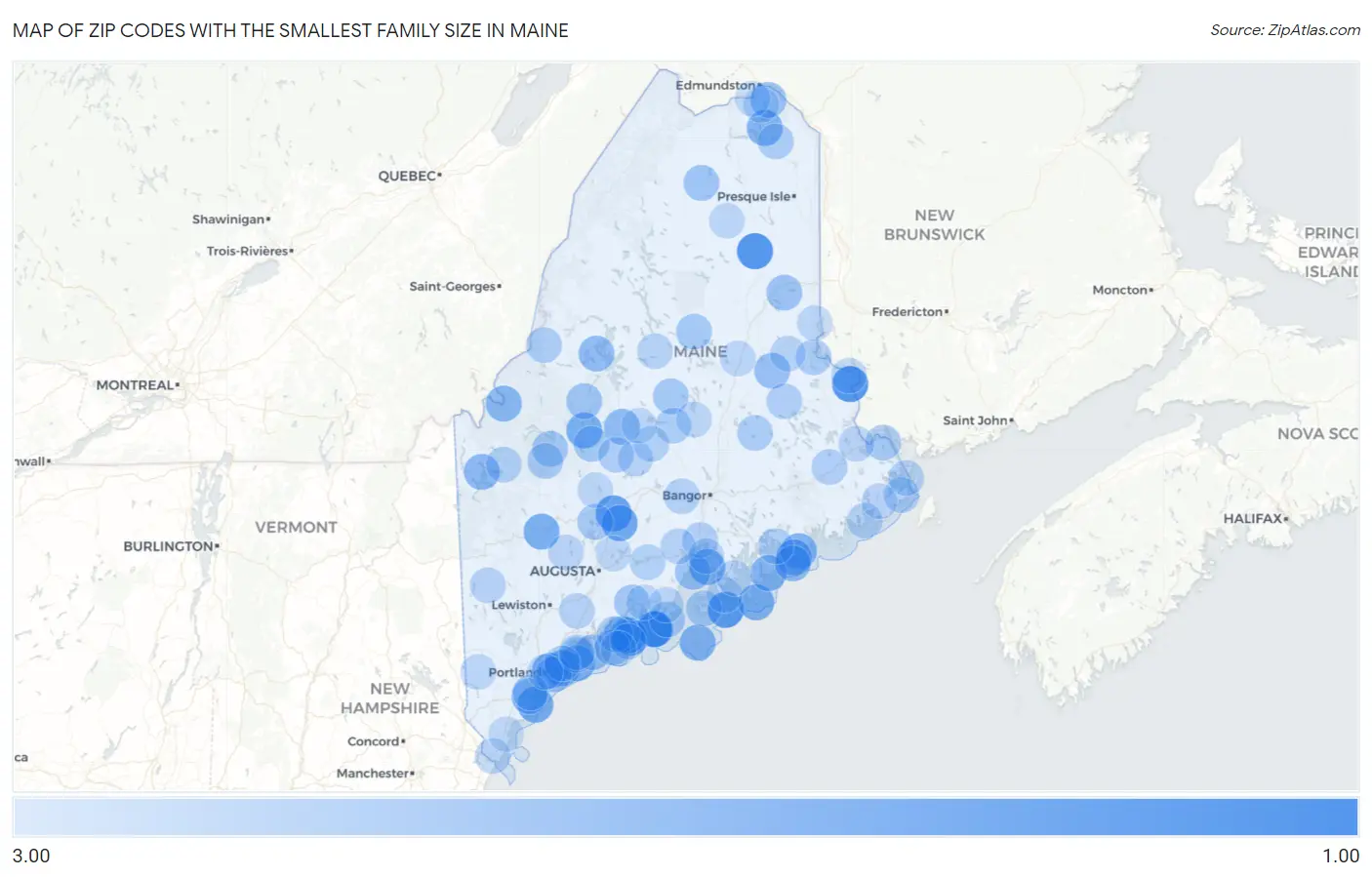Zip Codes with the Smallest Family Size in Maine Map