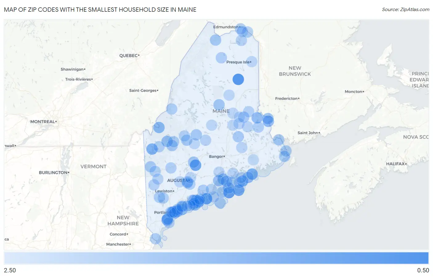 Zip Codes with the Smallest Household Size in Maine Map