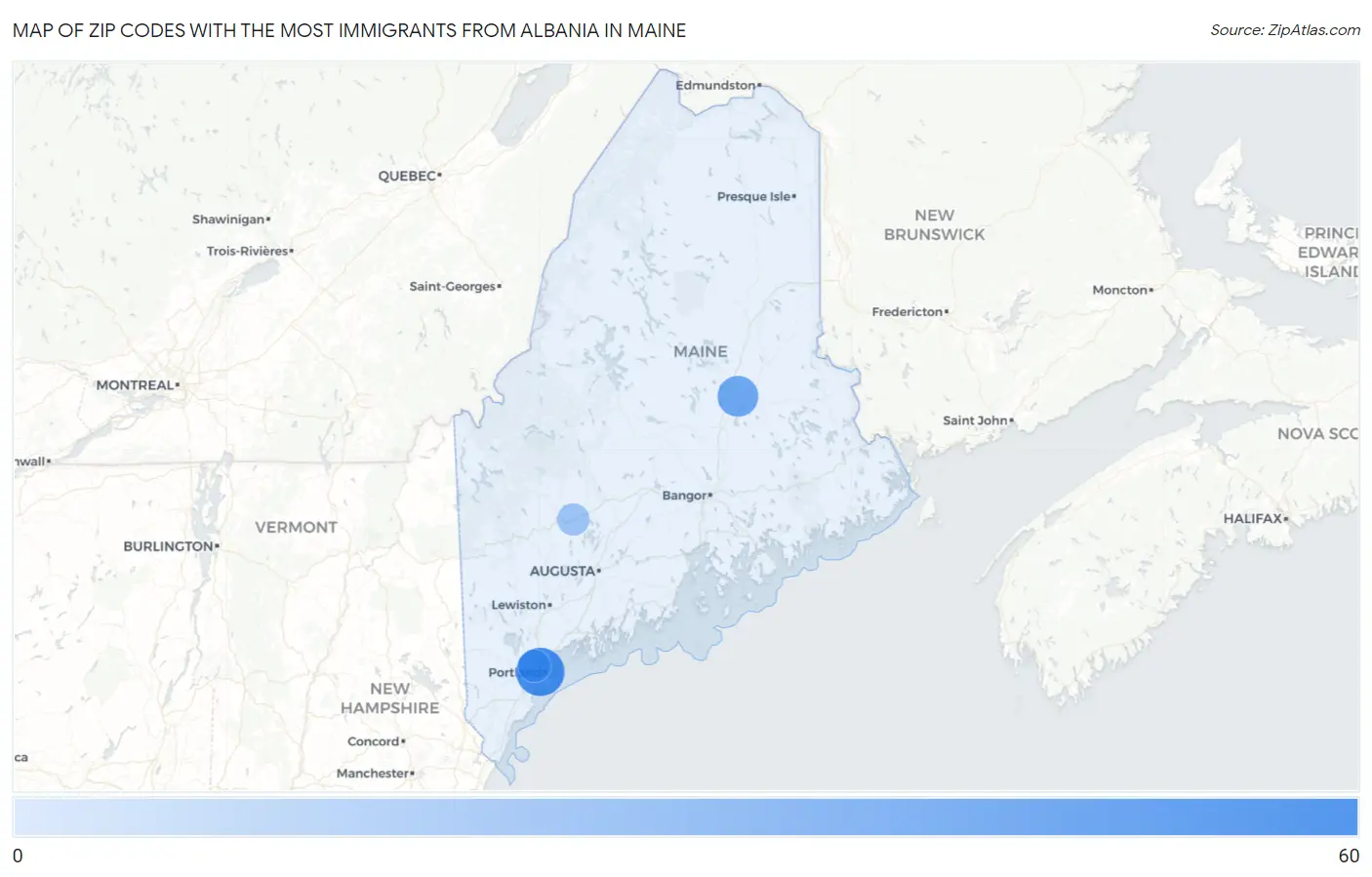 Zip Codes with the Most Immigrants from Albania in Maine Map