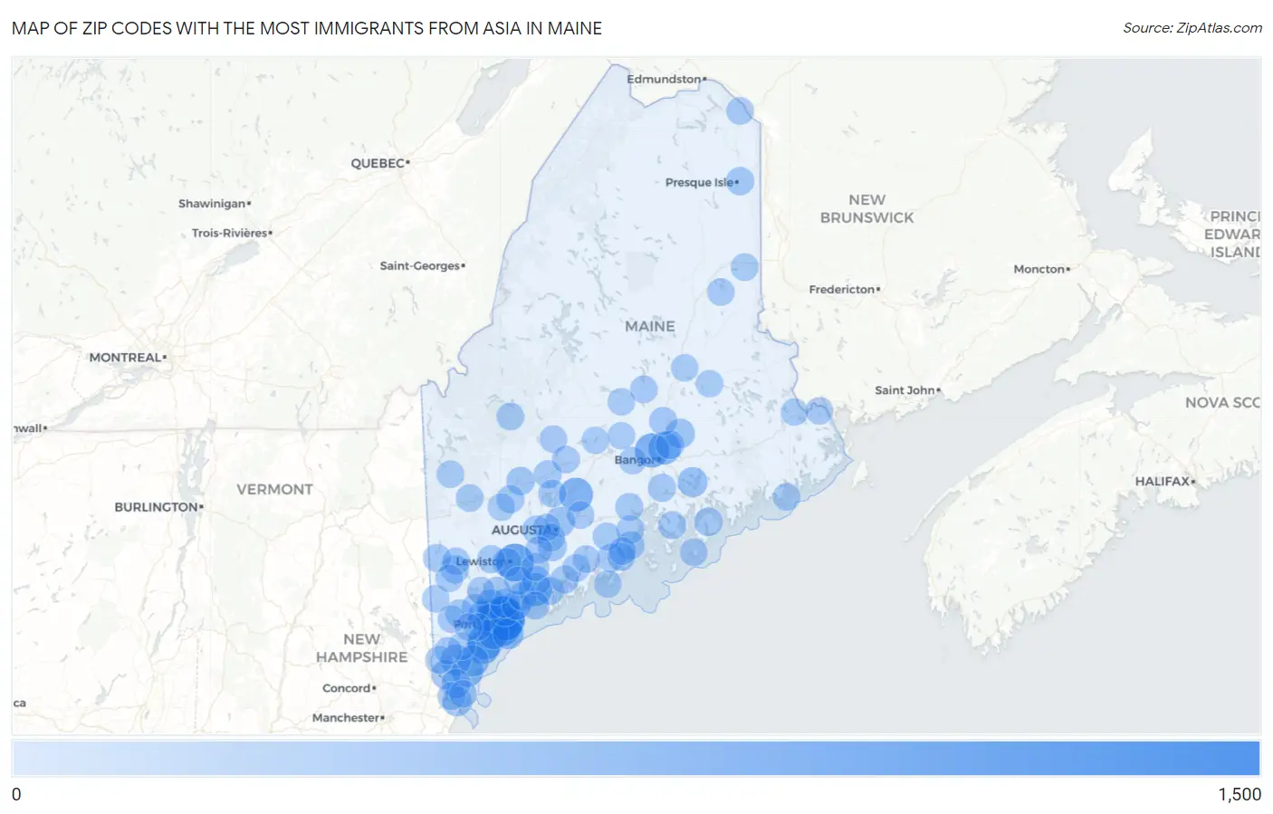 Zip Codes with the Most Immigrants from Asia in Maine Map