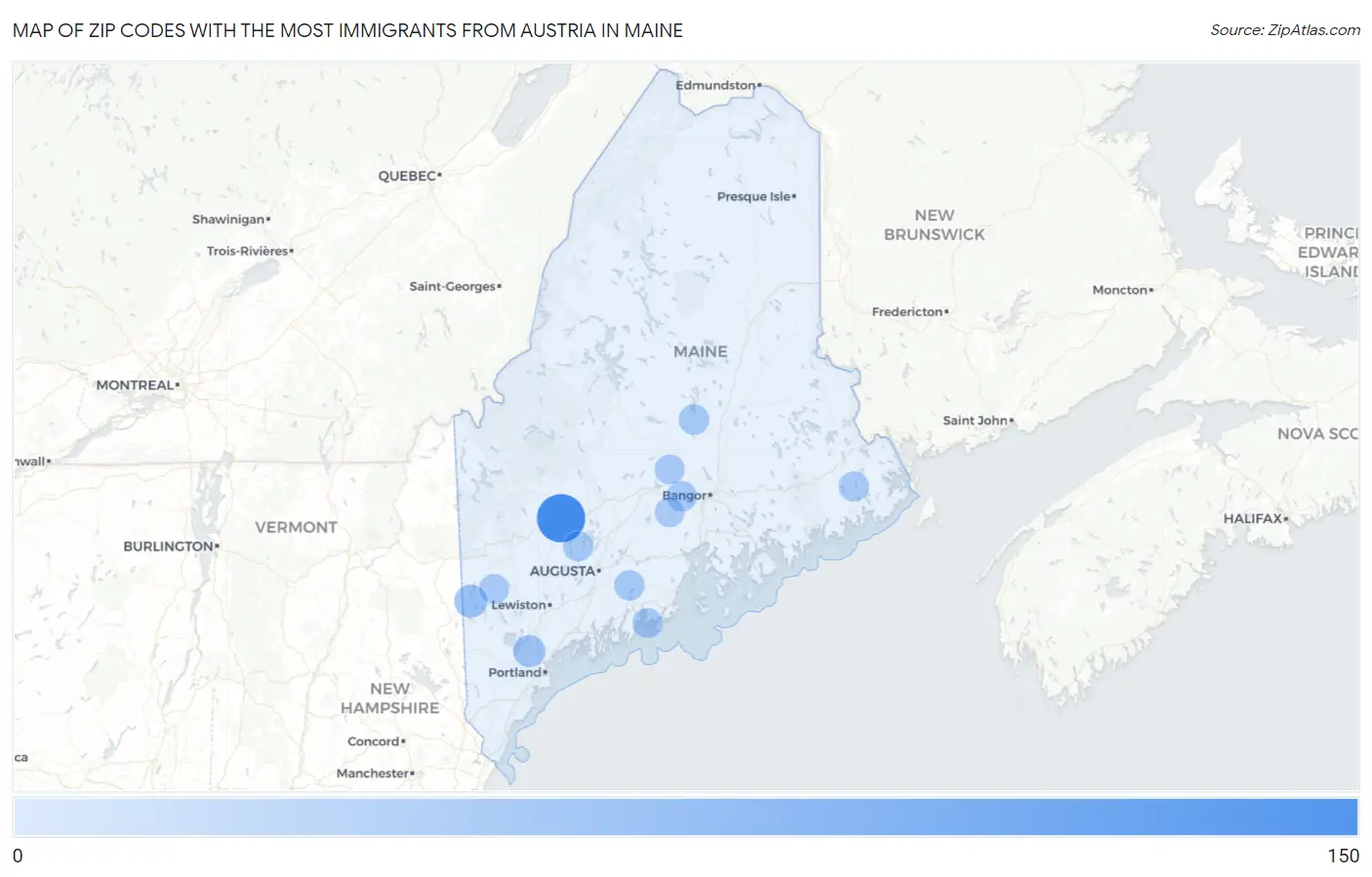 Zip Codes with the Most Immigrants from Austria in Maine Map