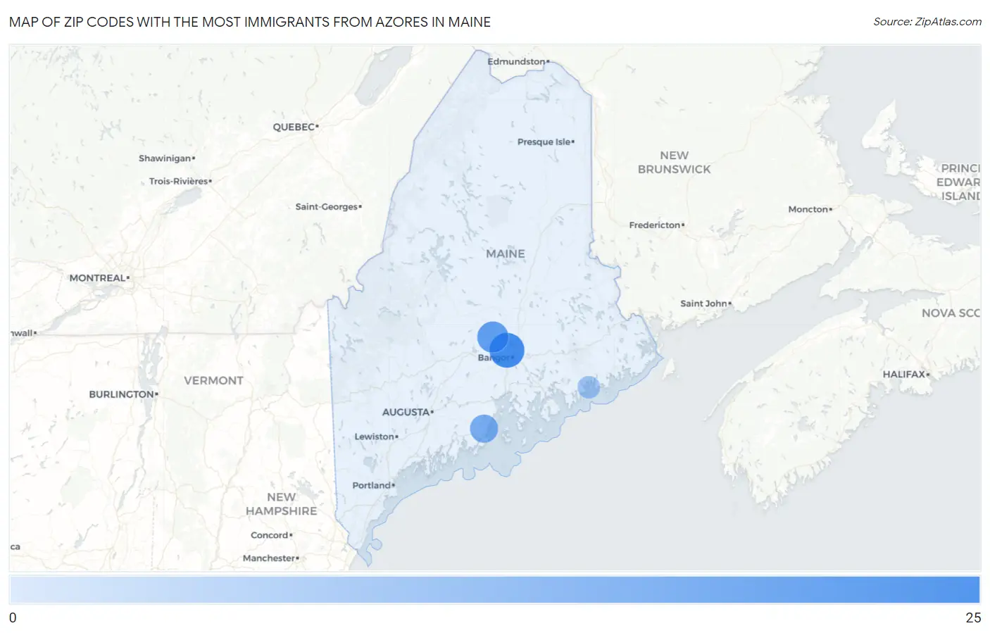 Zip Codes with the Most Immigrants from Azores in Maine Map