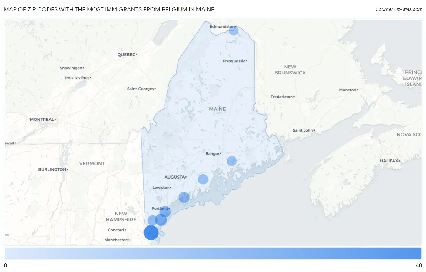 Zip Codes with the Most Immigrants from Belgium in Maine Map