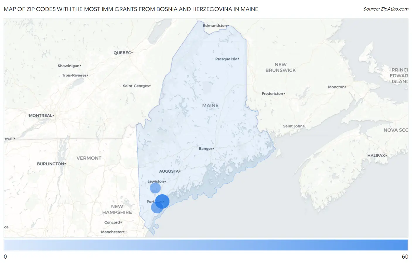 Zip Codes with the Most Immigrants from Bosnia and Herzegovina in Maine Map