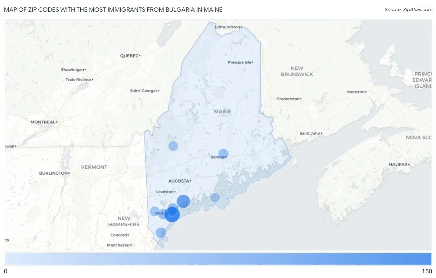 Zip Codes with the Most Immigrants from Bulgaria in Maine Map