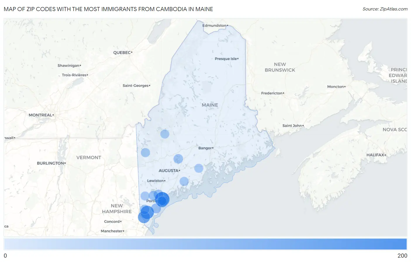 Zip Codes with the Most Immigrants from Cambodia in Maine Map