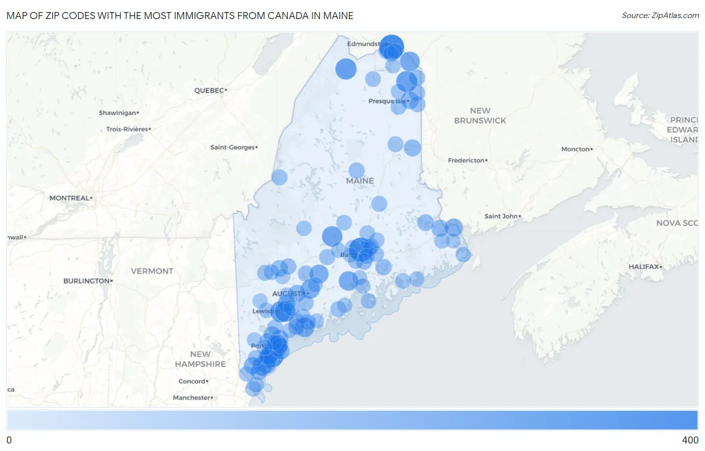 Zip Codes with the Most Immigrants from Canada in Maine Map