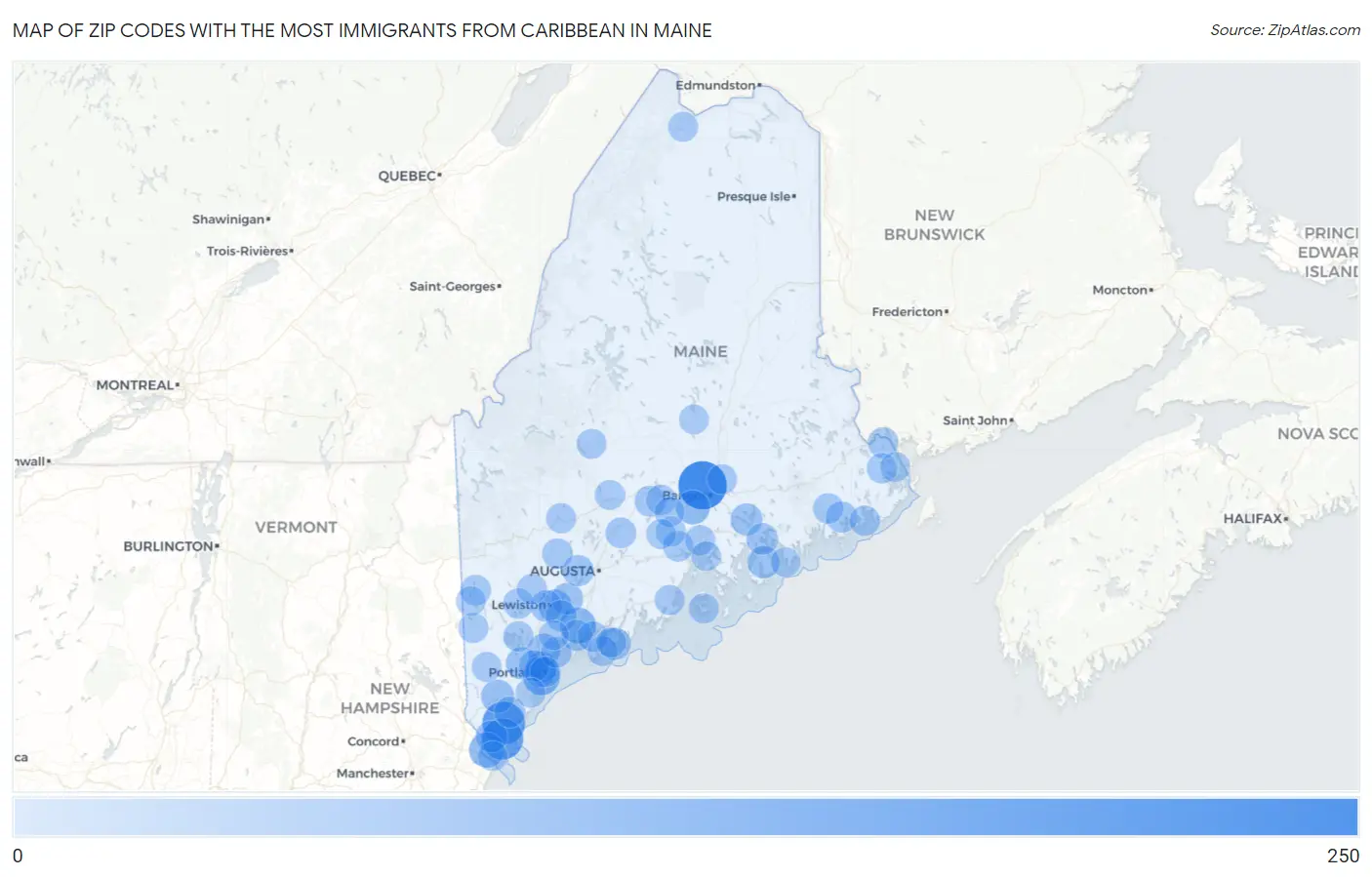 Zip Codes with the Most Immigrants from Caribbean in Maine Map