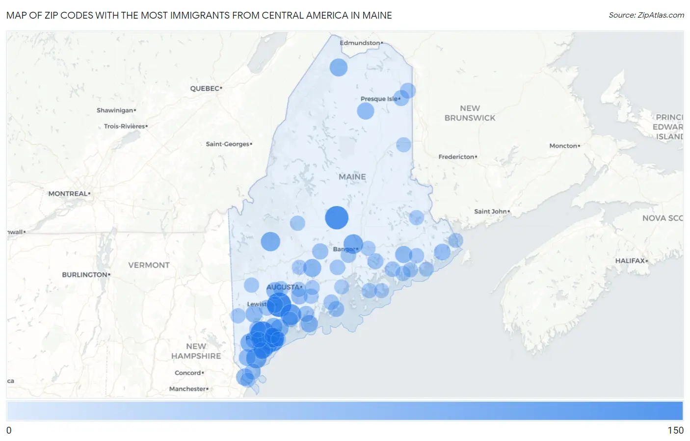 Zip Codes with the Most Immigrants from Central America in Maine Map