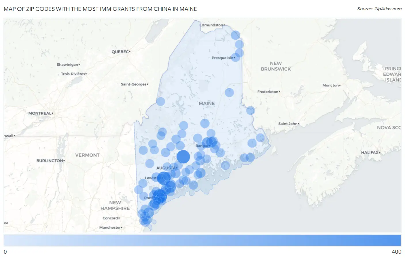 Zip Codes with the Most Immigrants from China in Maine Map