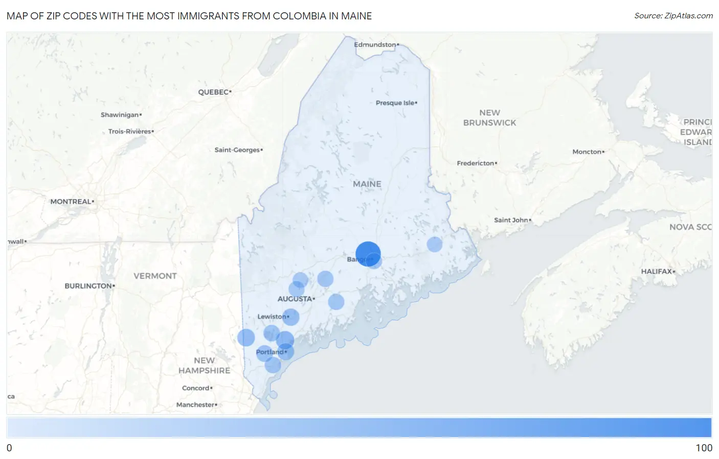 Zip Codes with the Most Immigrants from Colombia in Maine Map