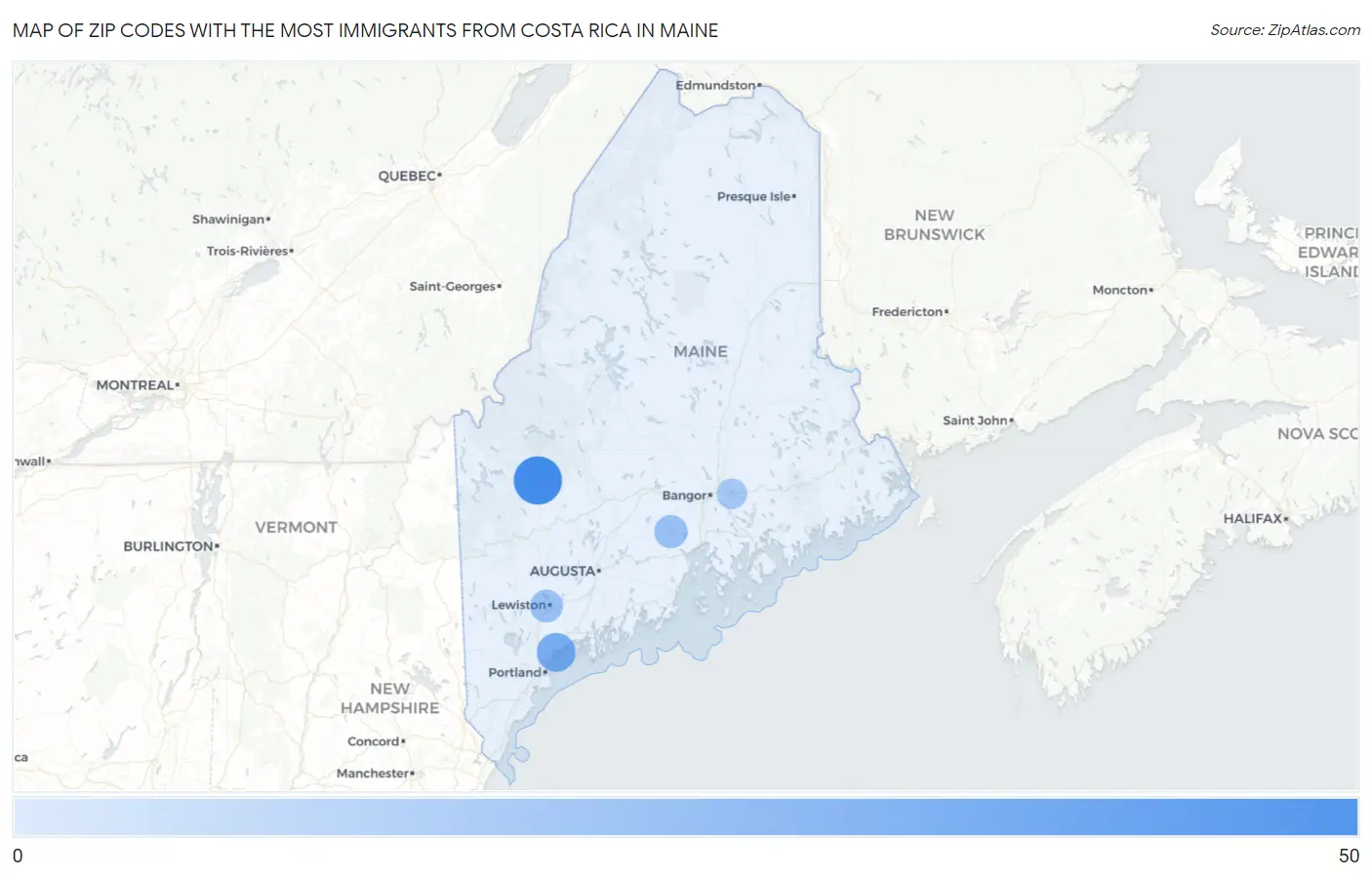 Zip Codes with the Most Immigrants from Costa Rica in Maine Map