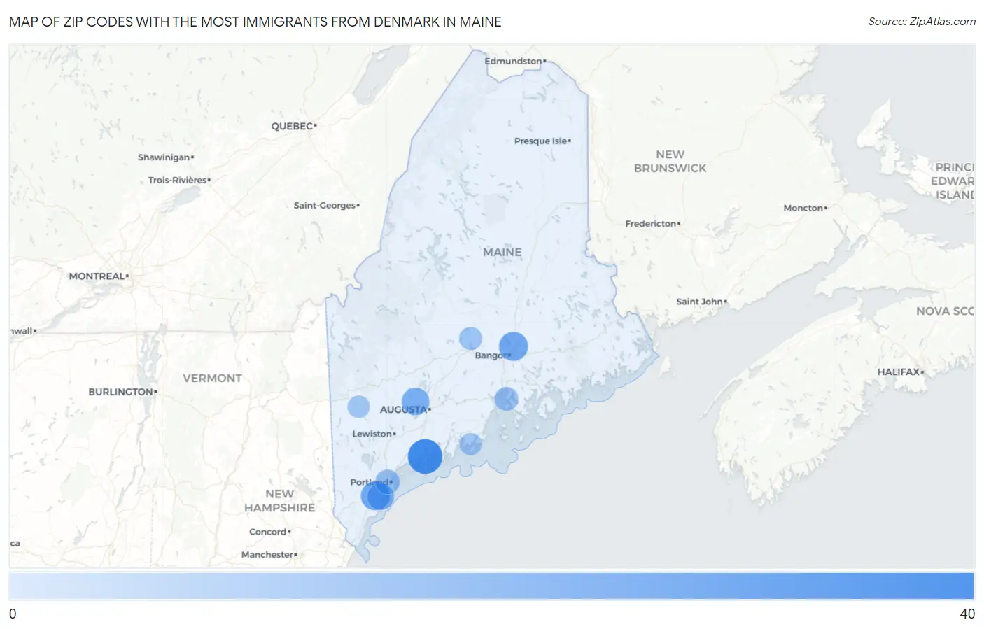 Zip Codes with the Most Immigrants from Denmark in Maine Map