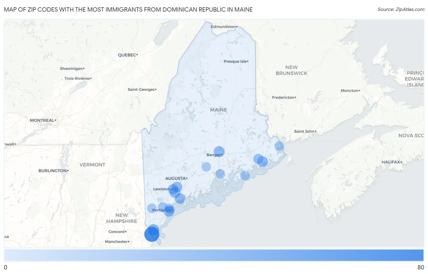 Zip Codes with the Most Immigrants from Dominican Republic in Maine Map