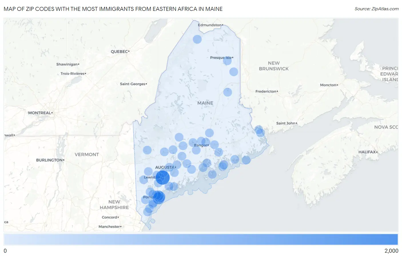 Zip Codes with the Most Immigrants from Eastern Africa in Maine Map