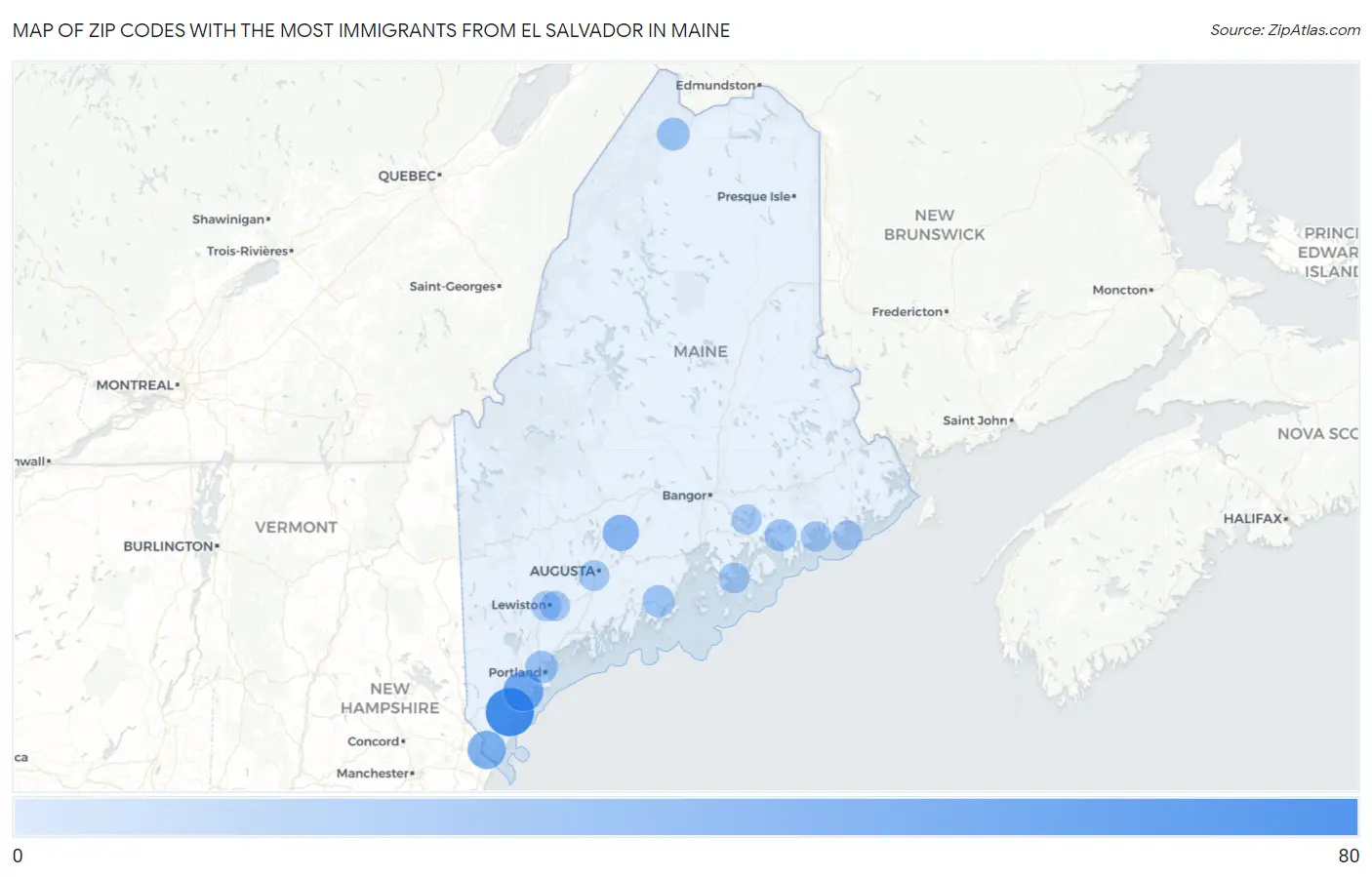 Zip Codes with the Most Immigrants from El Salvador in Maine Map