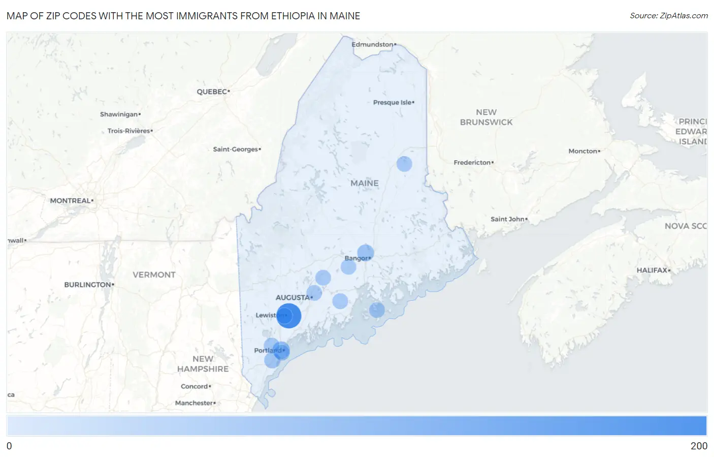 Zip Codes with the Most Immigrants from Ethiopia in Maine Map