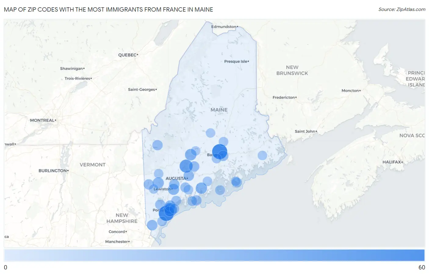 Zip Codes with the Most Immigrants from France in Maine Map