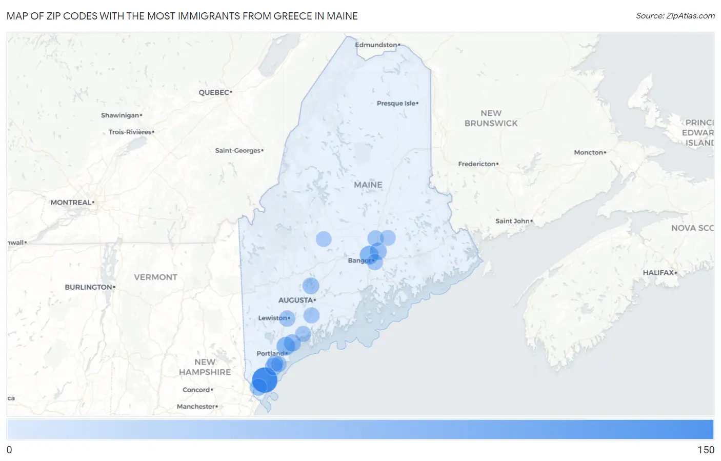 Zip Codes with the Most Immigrants from Greece in Maine Map