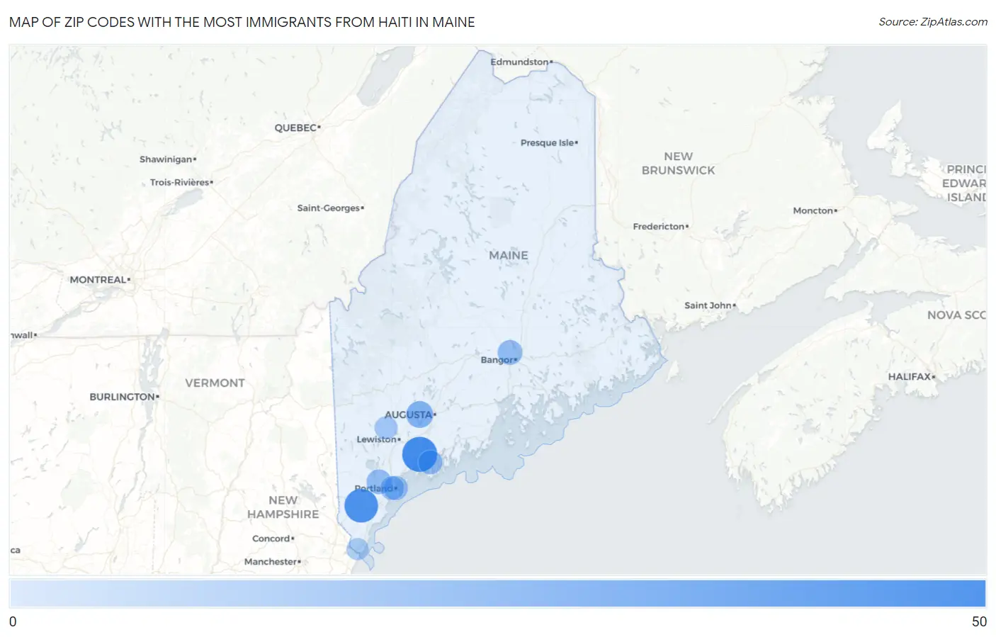 Zip Codes with the Most Immigrants from Haiti in Maine Map