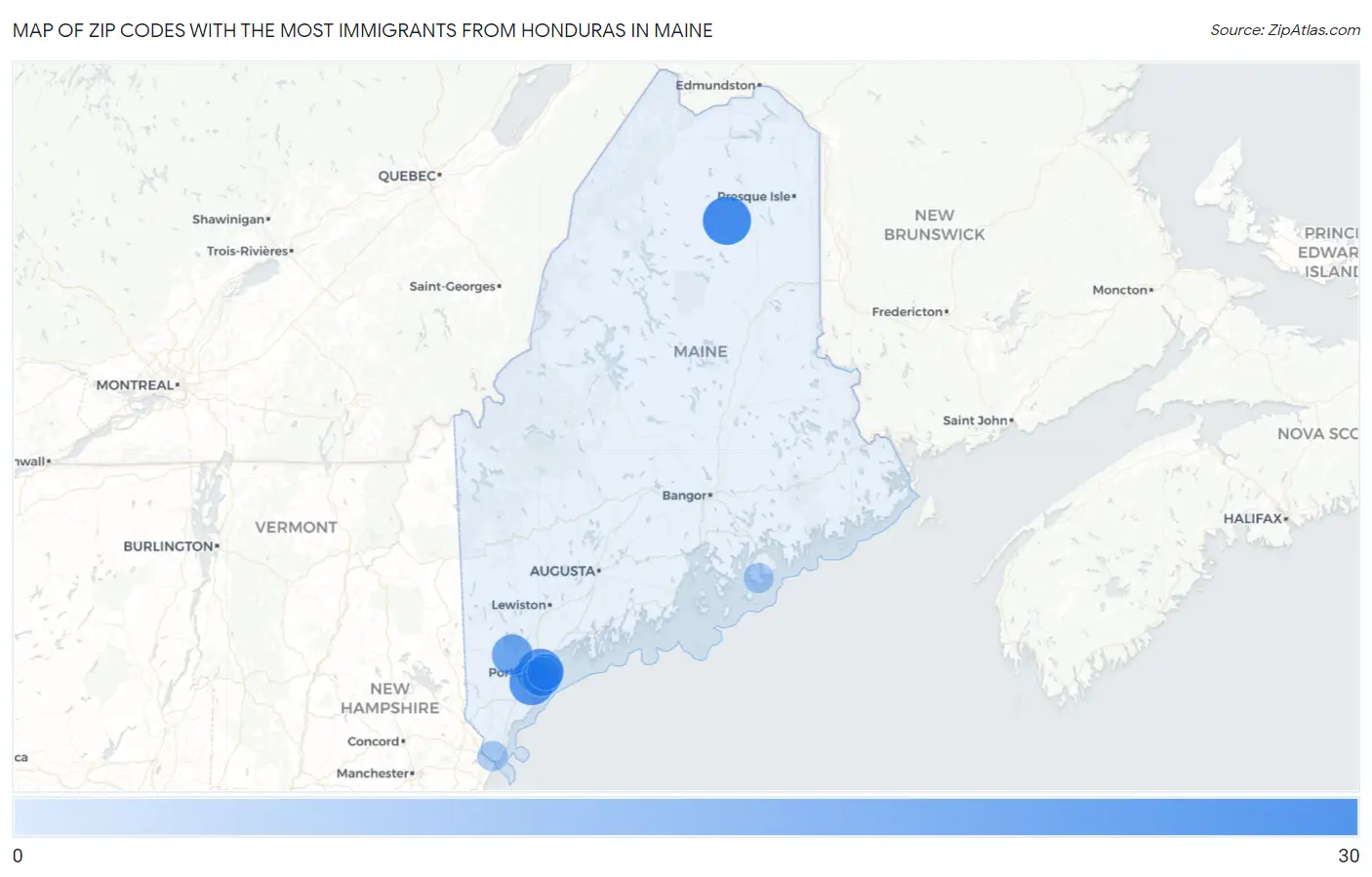 Zip Codes with the Most Immigrants from Honduras in Maine Map