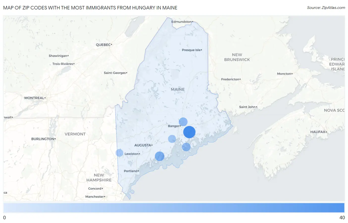 Zip Codes with the Most Immigrants from Hungary in Maine Map