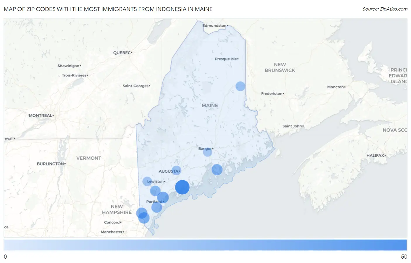 Zip Codes with the Most Immigrants from Indonesia in Maine Map
