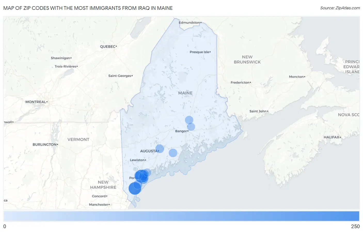 Zip Codes with the Most Immigrants from Iraq in Maine Map