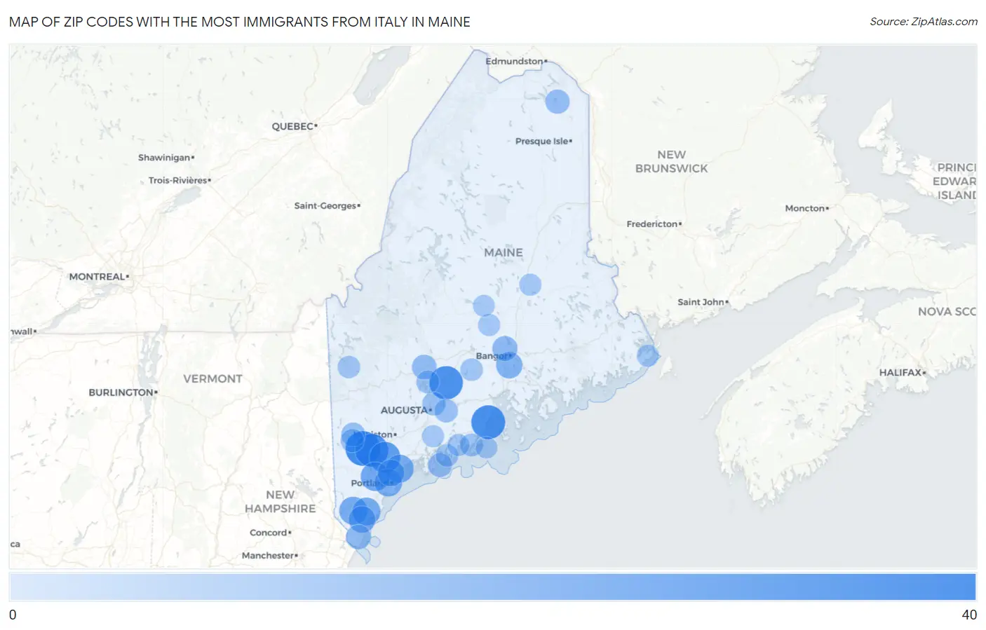 Zip Codes with the Most Immigrants from Italy in Maine Map