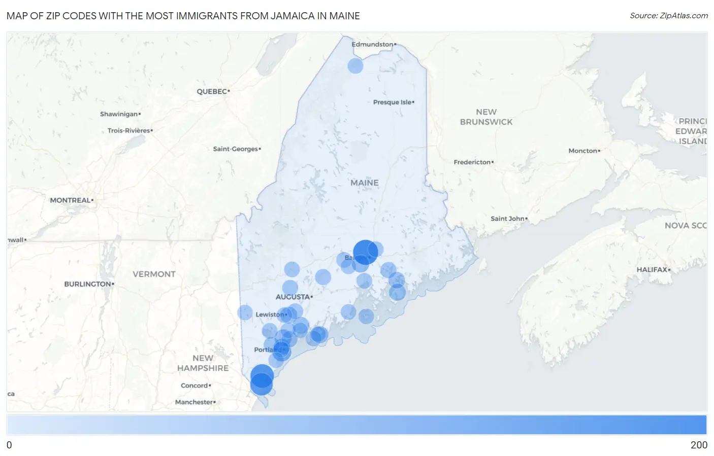 Zip Codes with the Most Immigrants from Jamaica in Maine Map