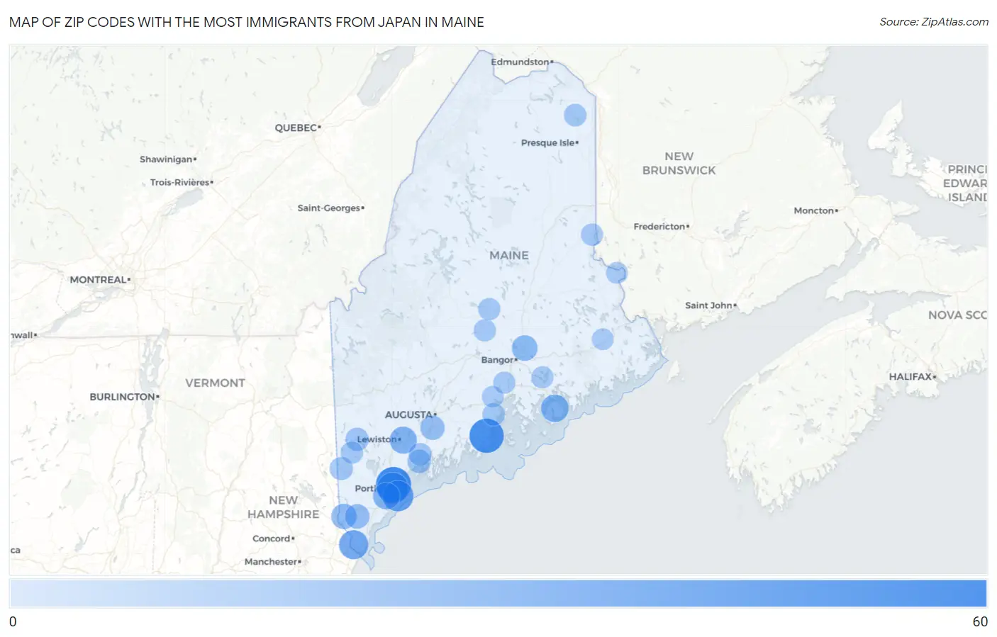 Zip Codes with the Most Immigrants from Japan in Maine Map
