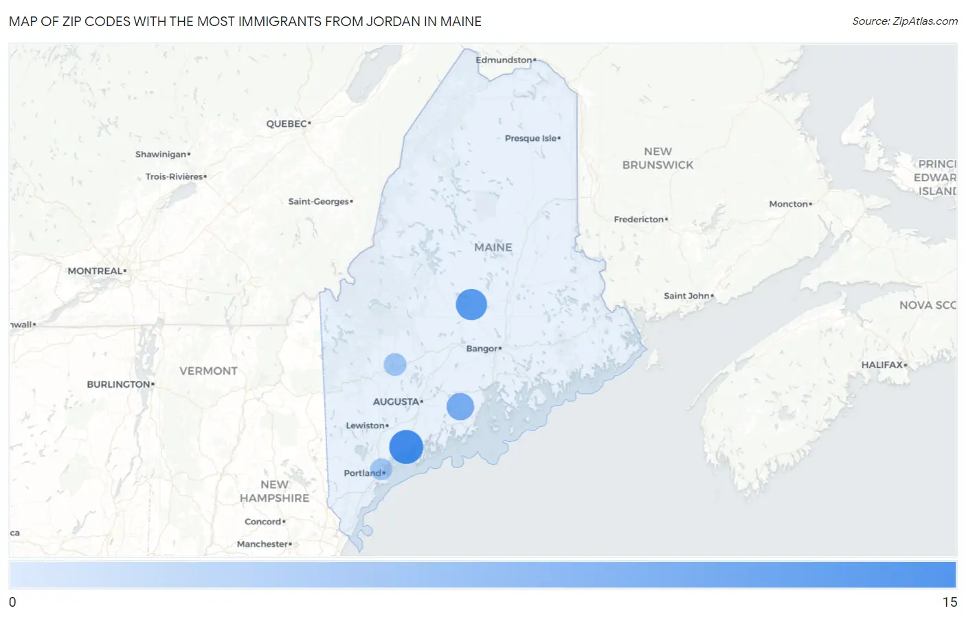 Zip Codes with the Most Immigrants from Jordan in Maine Map