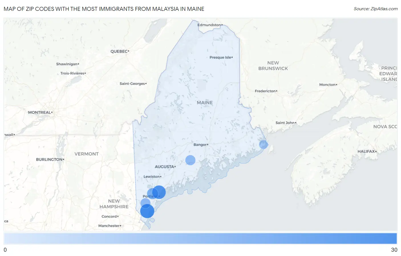 Zip Codes with the Most Immigrants from Malaysia in Maine Map