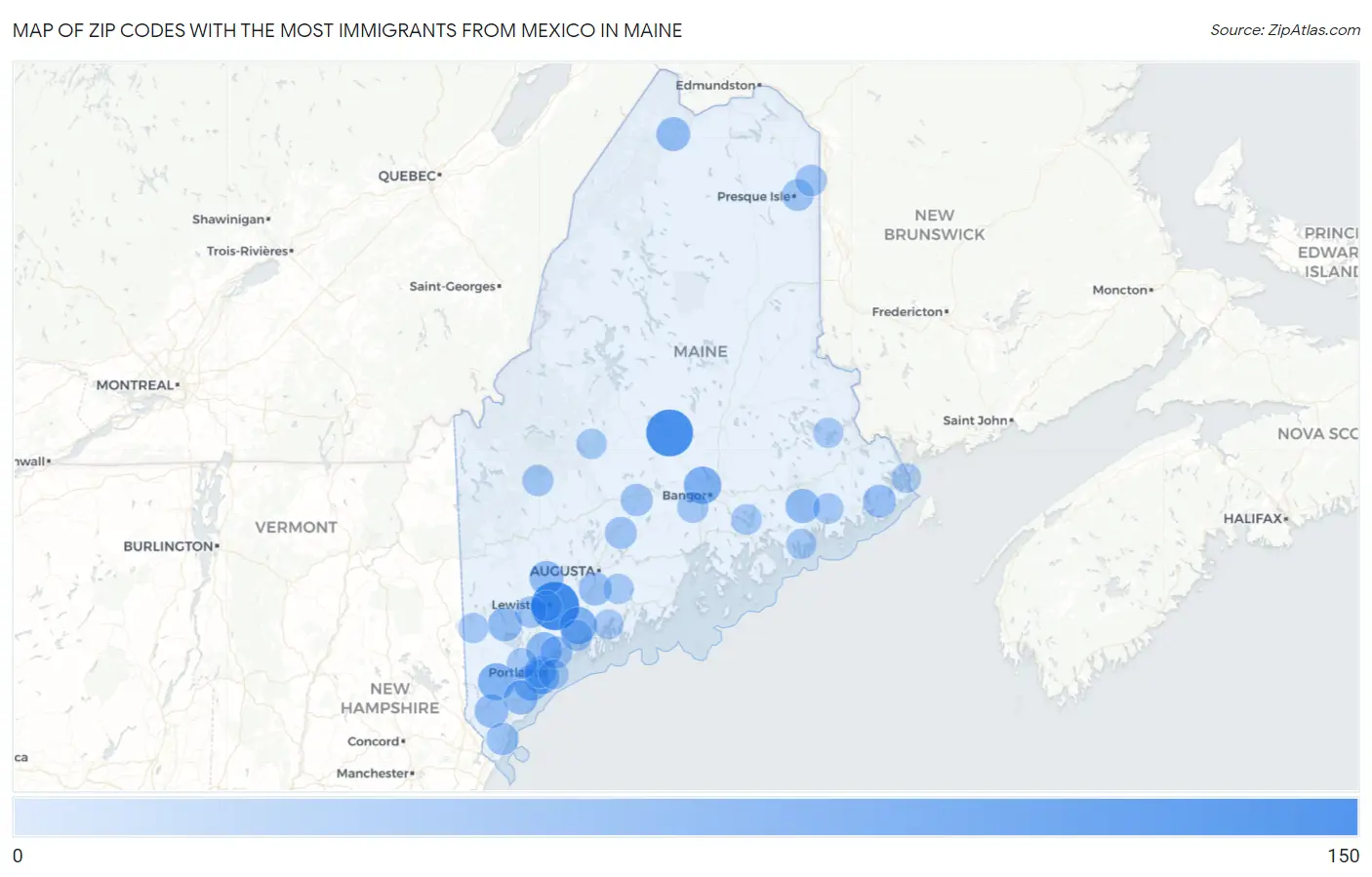 Zip Codes with the Most Immigrants from Mexico in Maine Map