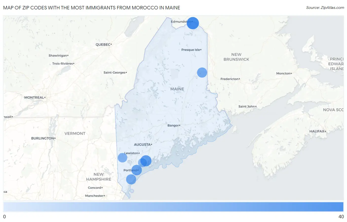 Zip Codes with the Most Immigrants from Morocco in Maine Map