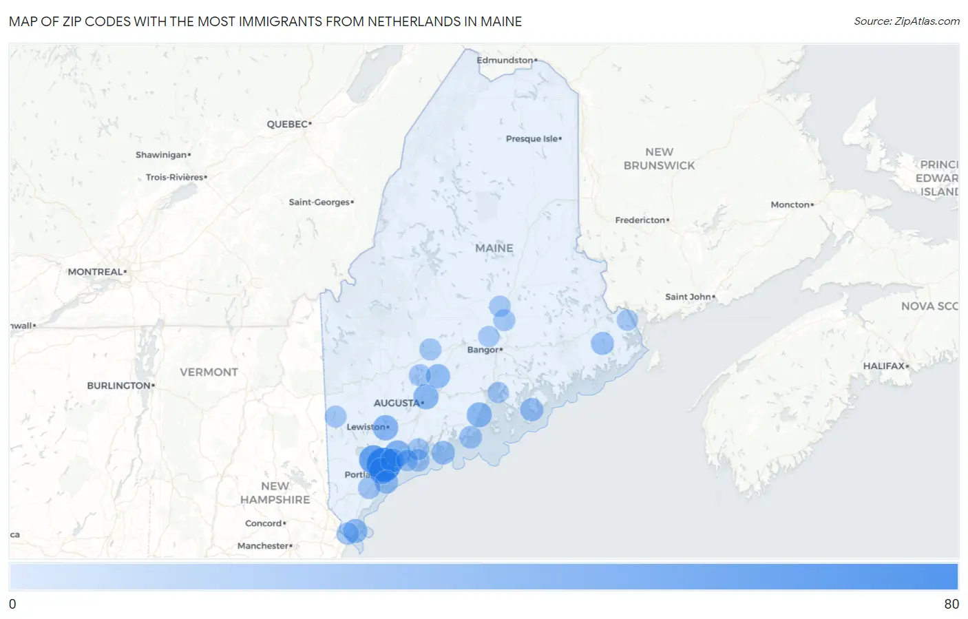 Zip Codes with the Most Immigrants from Netherlands in Maine Map