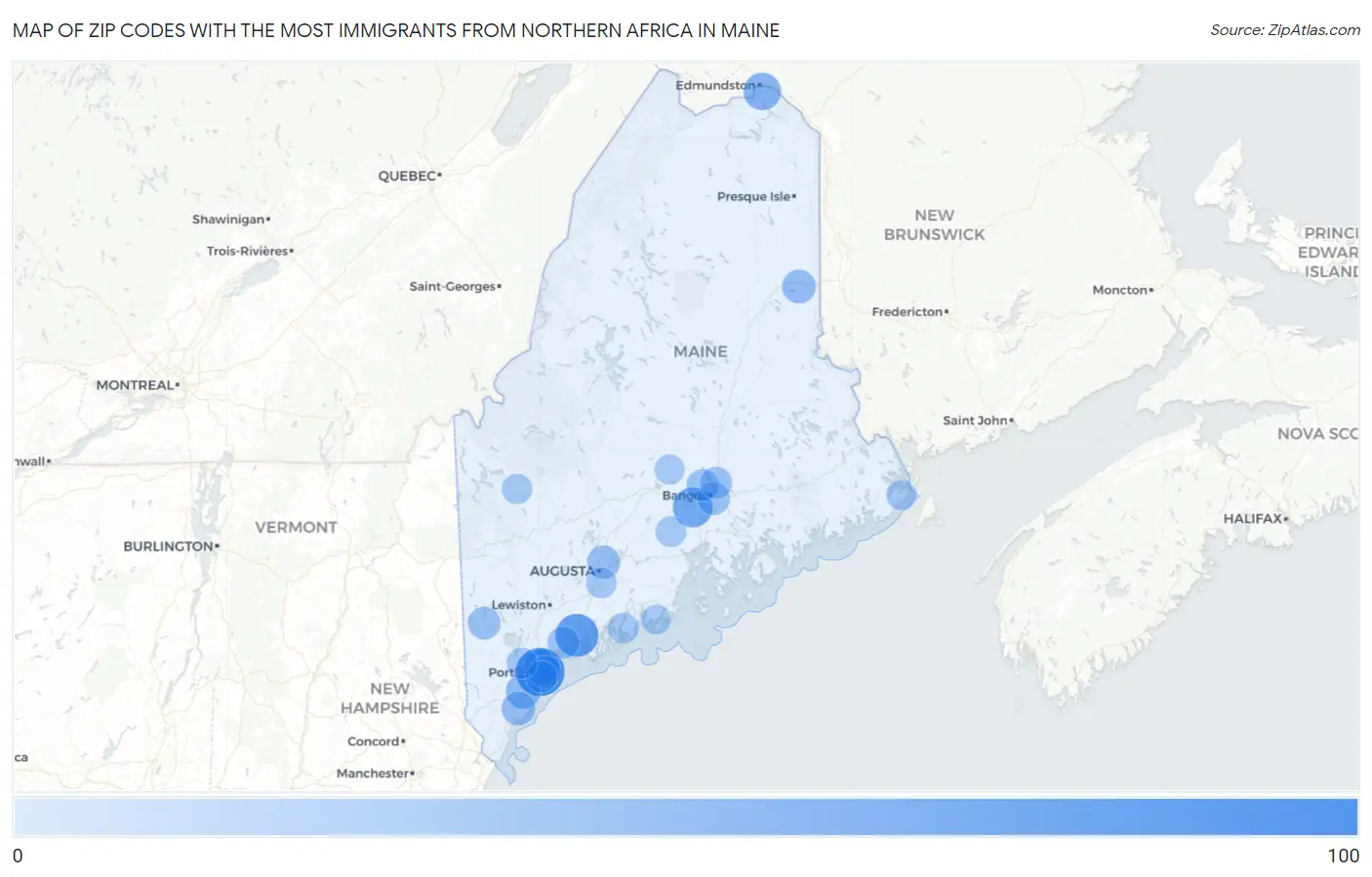 Zip Codes with the Most Immigrants from Northern Africa in Maine Map