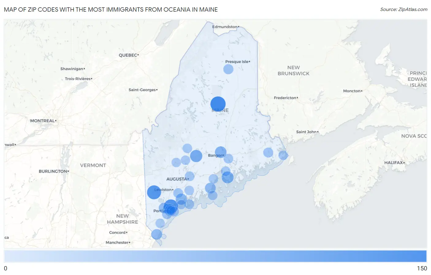 Zip Codes with the Most Immigrants from Oceania in Maine Map